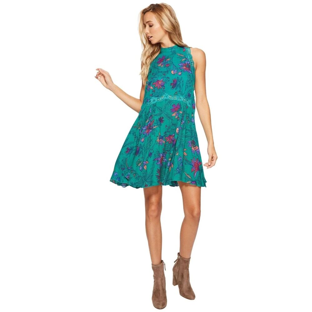 Free People She Moves Boho Floral Chemise Mini Swing Dress Split Back Green Sm